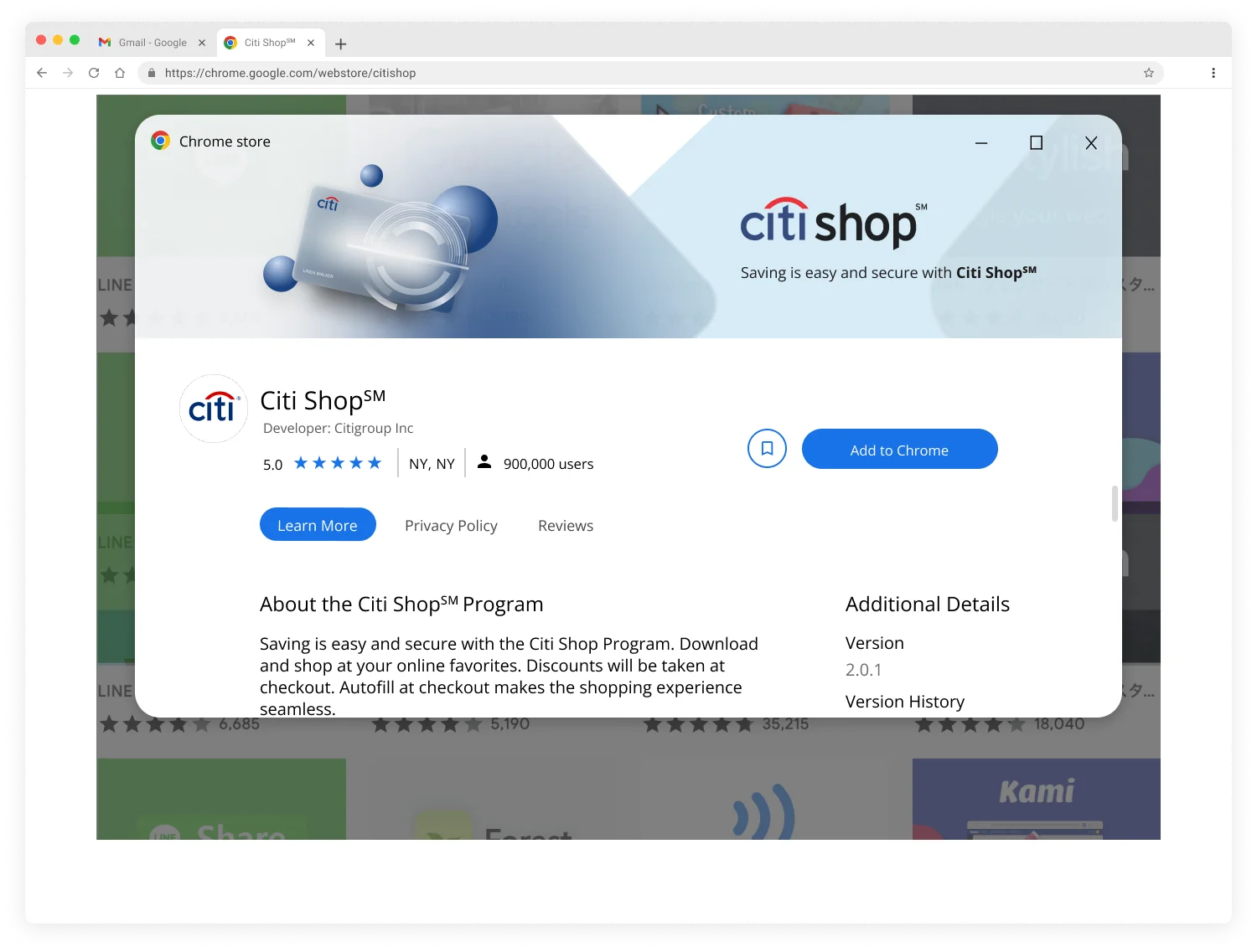 Citi Shop browser extension, final design