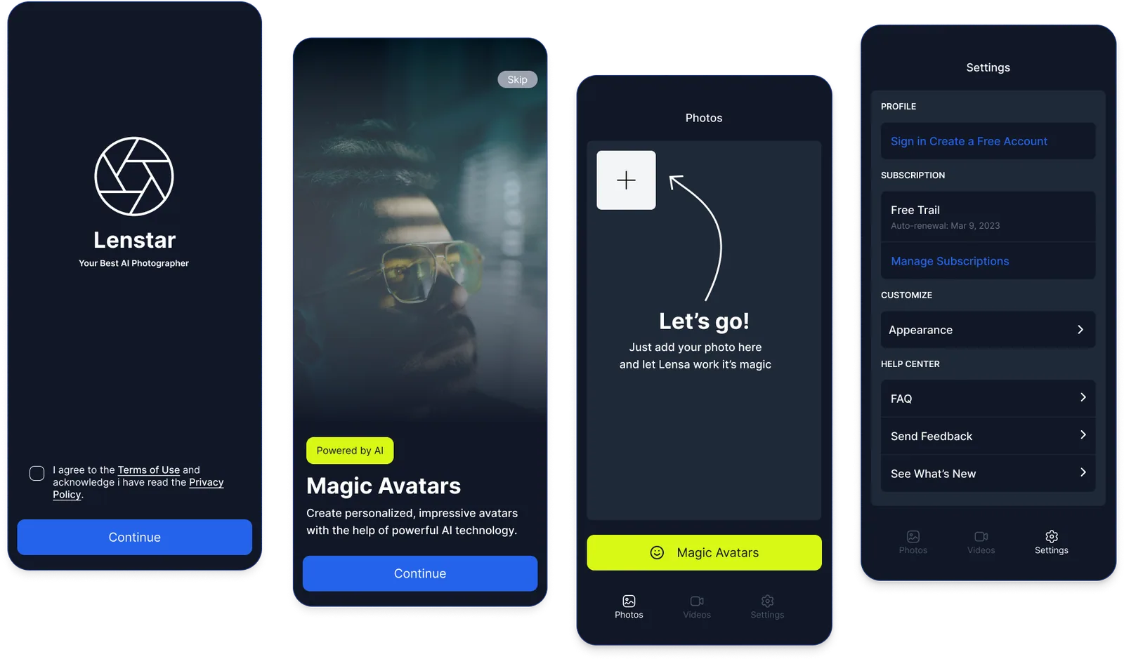 Welcome, Magic Avatars intro, first photo and settings