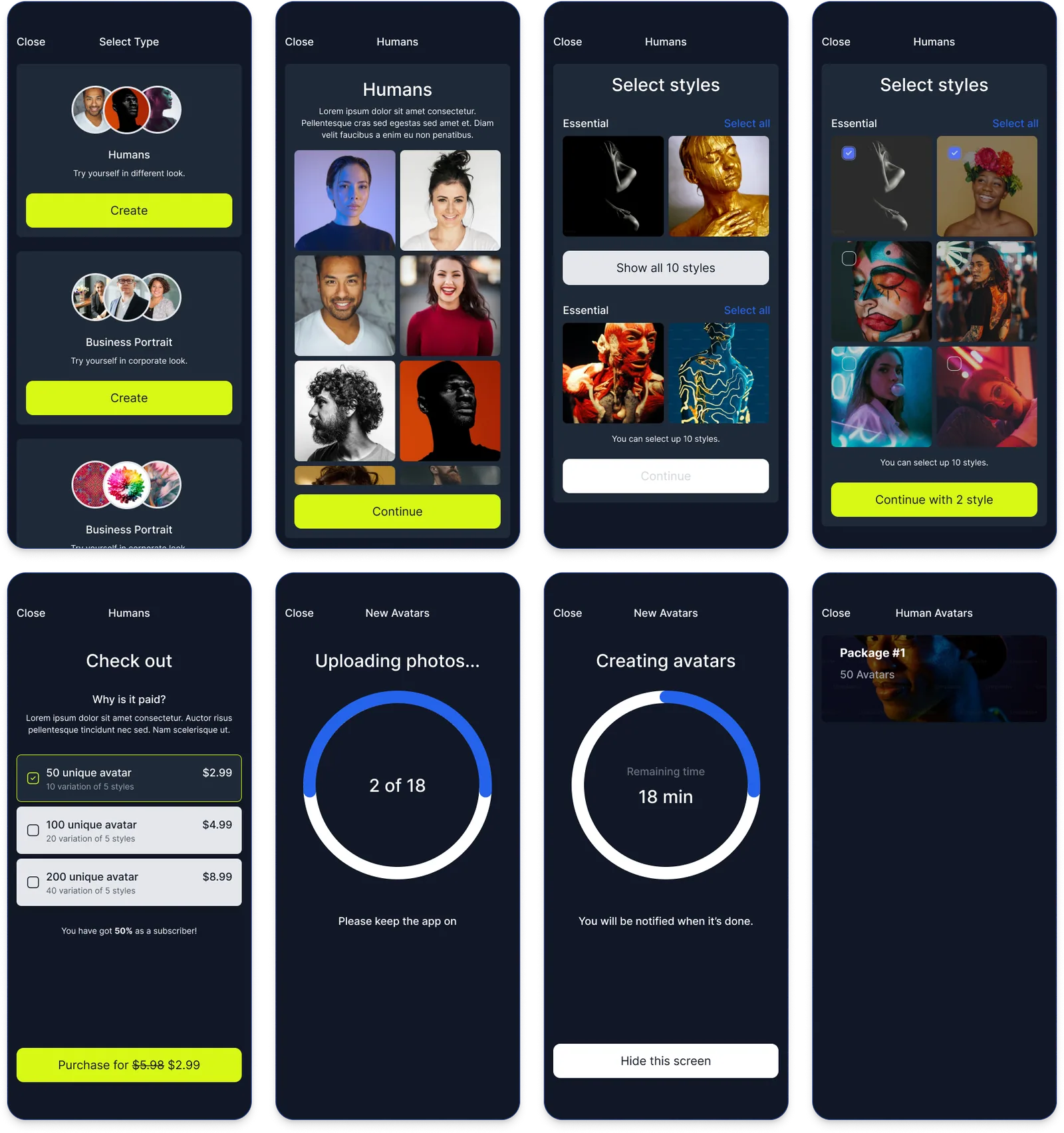 Choose a type, upload photos, pick styles, check out and wait while AI creates the avatars