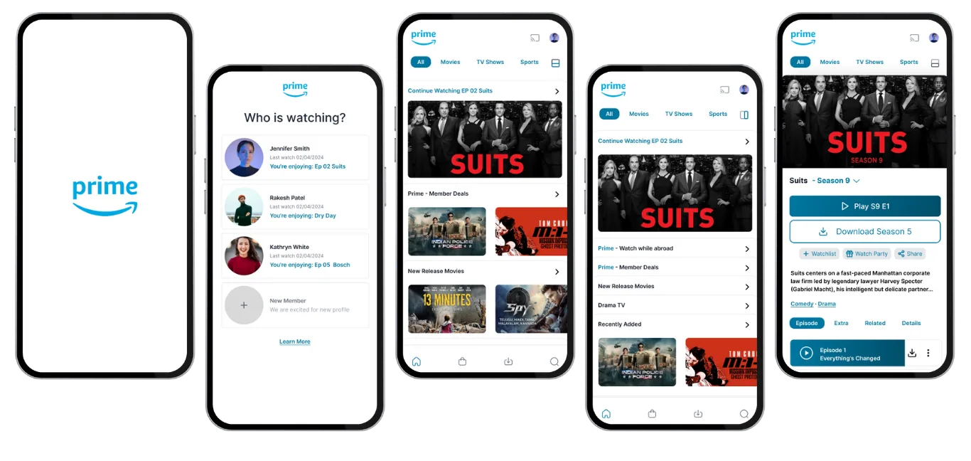 Four key screens: splash, profile, home and title detail