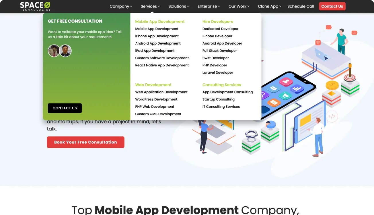 Mega menu that separates mobile, web and app services