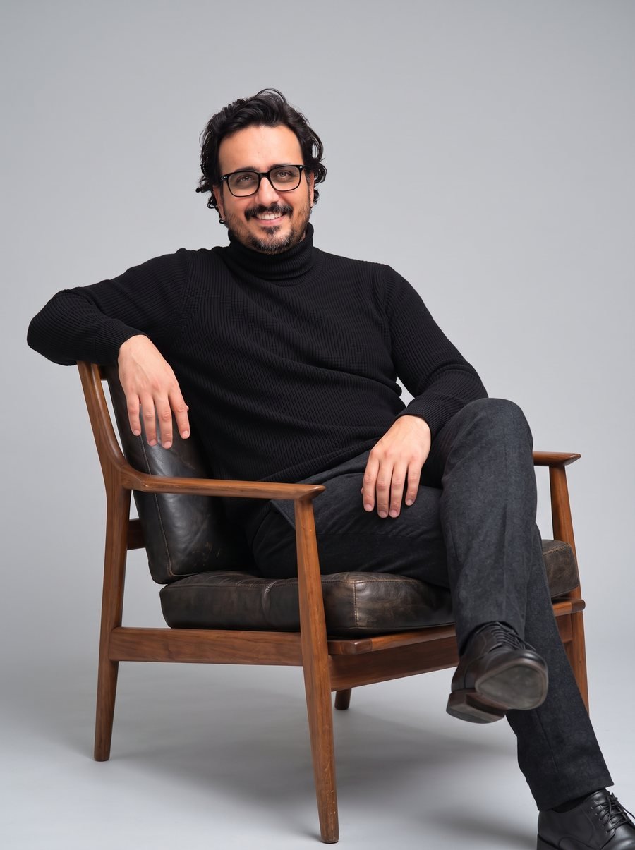 Mehul Munjani in a black turtleneck, sitting in a wooden lounge chair