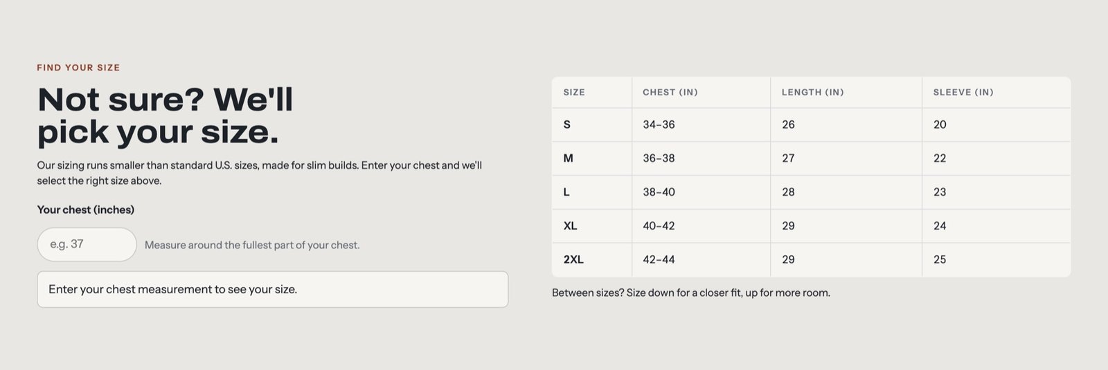 Size finder that picks a size from a chest measurement